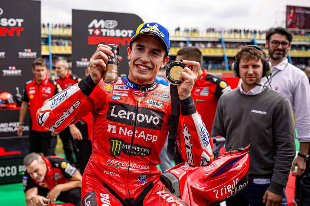 Marc Márquez takes a dominant Sprint win at Assen for Ducati Lenovo Team, while Bagnaia struggles with grip issues and settles for fifth place.